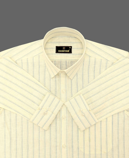 Luxurious Italian Linen Cotton Light Lemon Yellow With Blue double Line Shirt