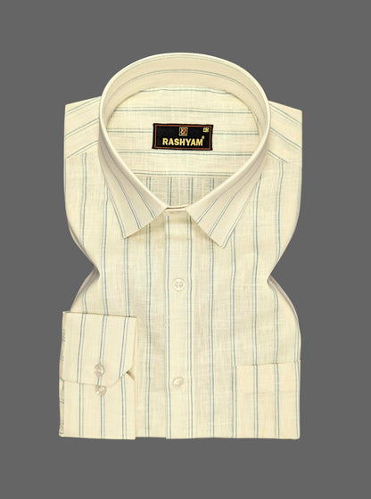 Luxurious Italian Linen Cotton Light Lemon Yellow With Blue double Line Shirt