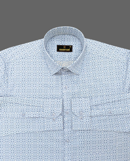 Spello Moonstone Blue Printed Luxurious Giza Cotton Formal Shirt For Men