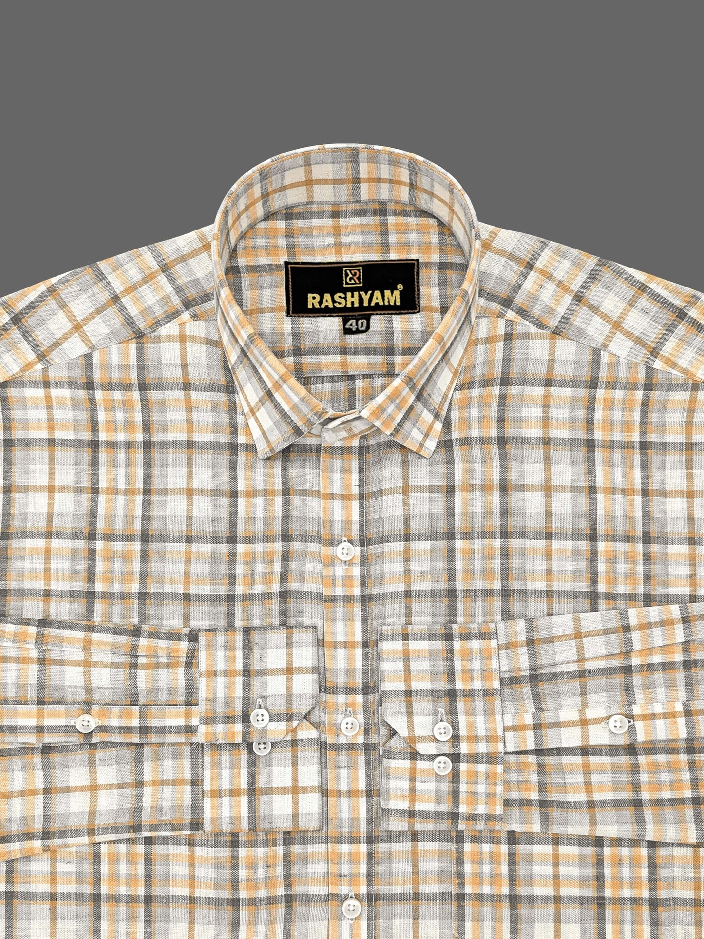 Marzeno Luxurious Linen Cotton Light Brown With Grey Multi Checks Formal Shirt For Men