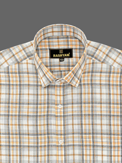 Marzeno Luxurious Linen Cotton Light Brown With Grey Multi Checks Formal Shirt For Men