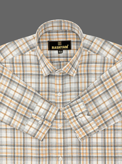 Marzeno Luxurious Linen Cotton Light Brown With Grey Multi Checks Formal Shirt For Men