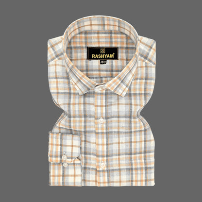 Marzeno Luxurious Linen Cotton Light Brown With Grey Multi Checks Formal Shirt For Men