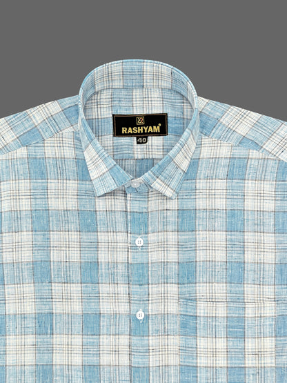 Marzeno Luxurious Linen Cotton Light Grey Blue Multi Checks Formal Shirt For Men