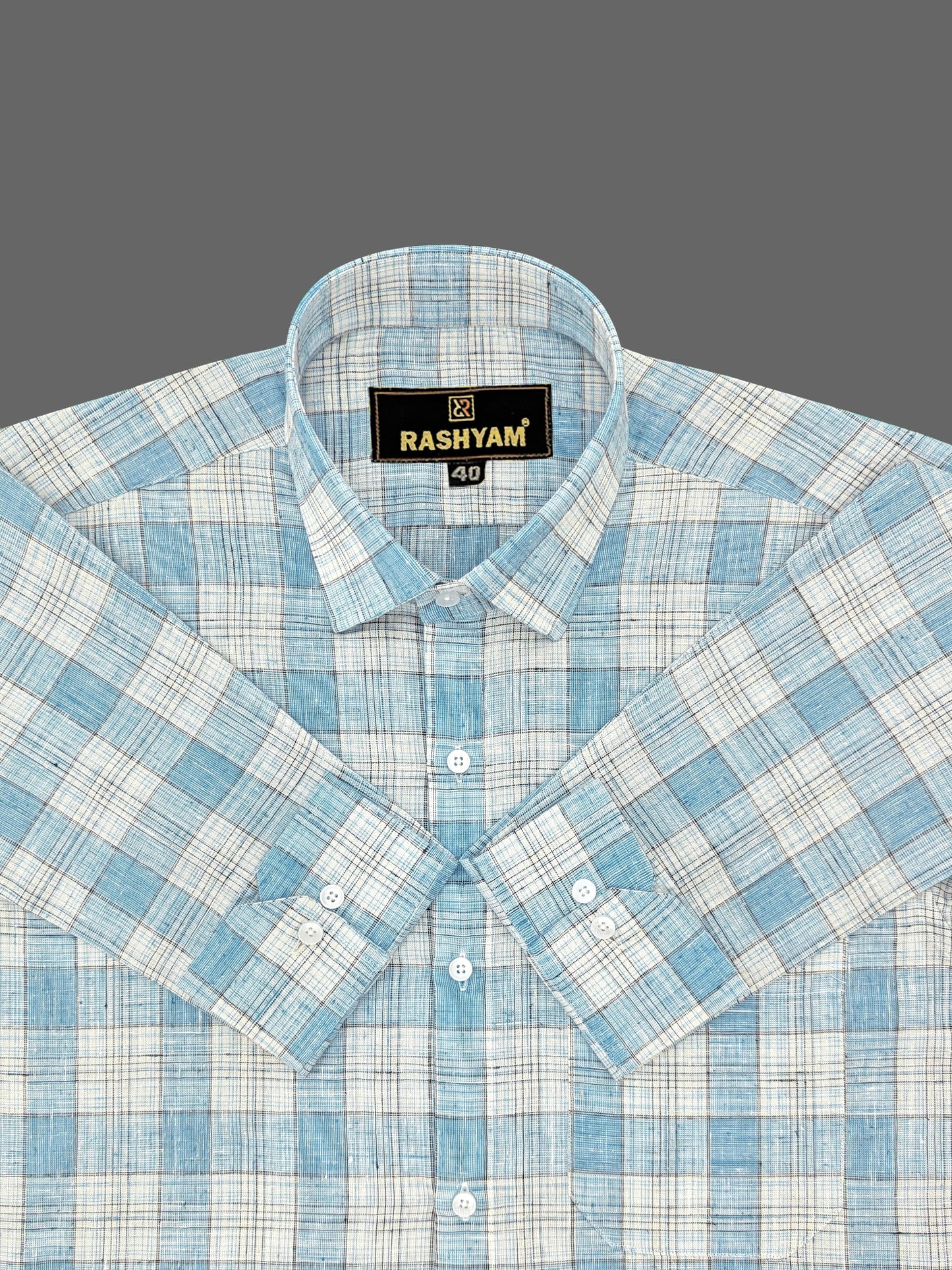 Marzeno Luxurious Linen Cotton Light Grey Blue Multi Checks Formal Shirt For Men