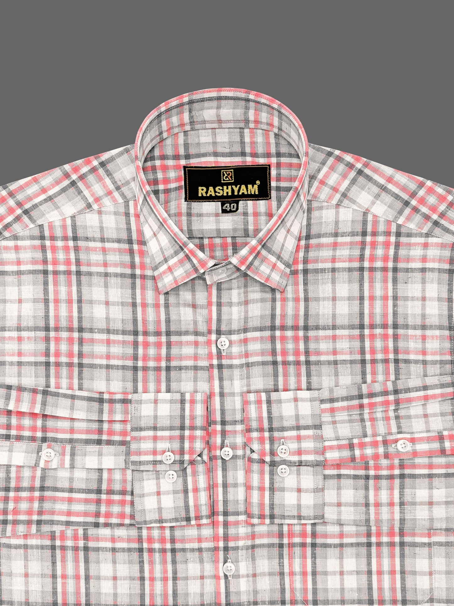 Marzeno Luxurious Linen Cotton Dusty Pink With Grey Multi Checks Formal Shirt For Men