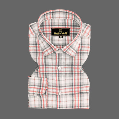 Marzeno Luxurious Linen Cotton Dusty Pink With Grey Multi Checks Formal Shirt For Men