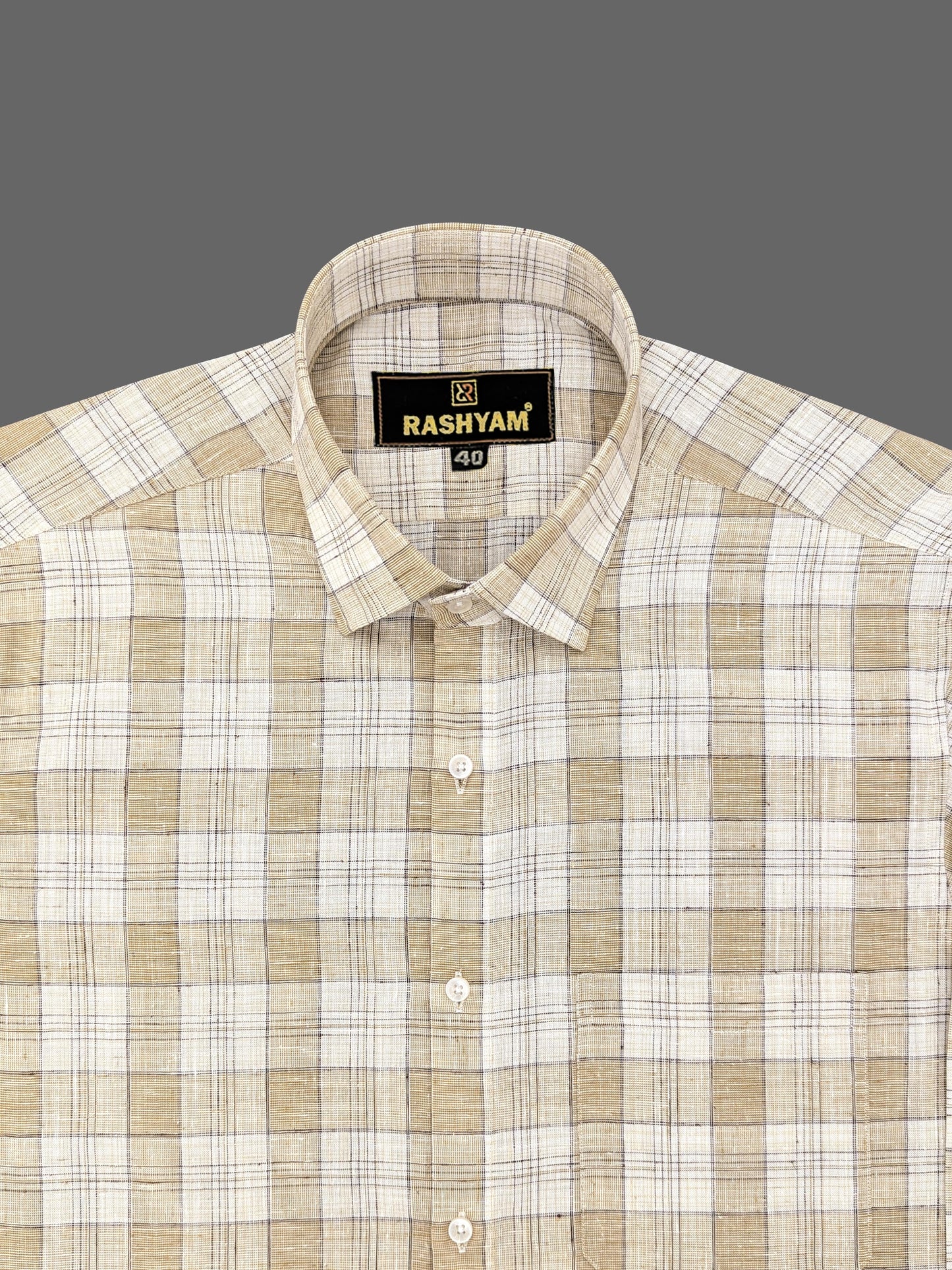 Marzeno Luxurious Linen Almond With Creamy Checks Formal Shirt For Men