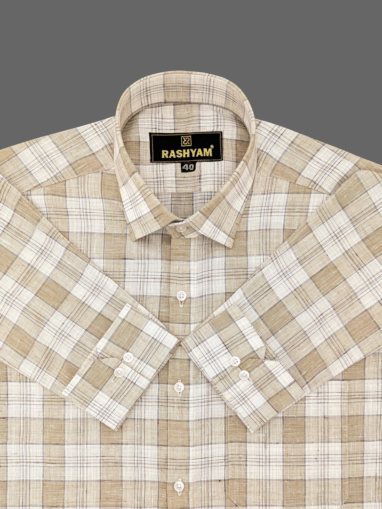 Marzeno Luxurious Linen Almond With Creamy Checks Formal Shirt For Men