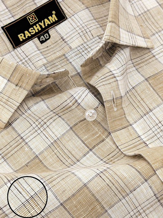 Marzeno Luxurious Linen Almond With Creamy Checks Formal Shirt For Men