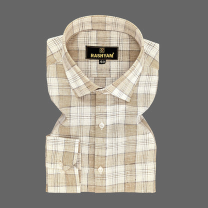 Marzeno Luxurious Linen Almond With Creamy Checks Formal Shirt For Men