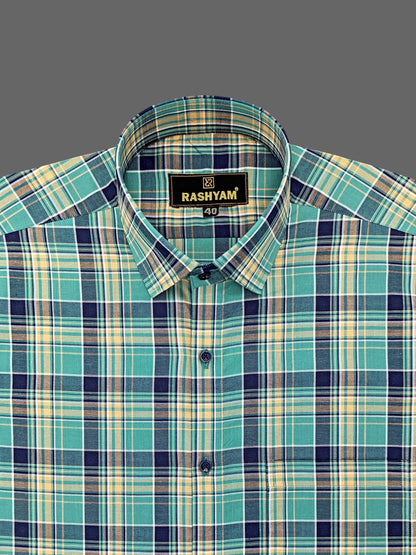 Premium Green With Blue Oxford Checks Shirt For Men