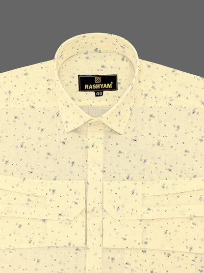 Luxurious Italian Linen Cotton Creamy Yellow With Blue Motif Printed Shirt