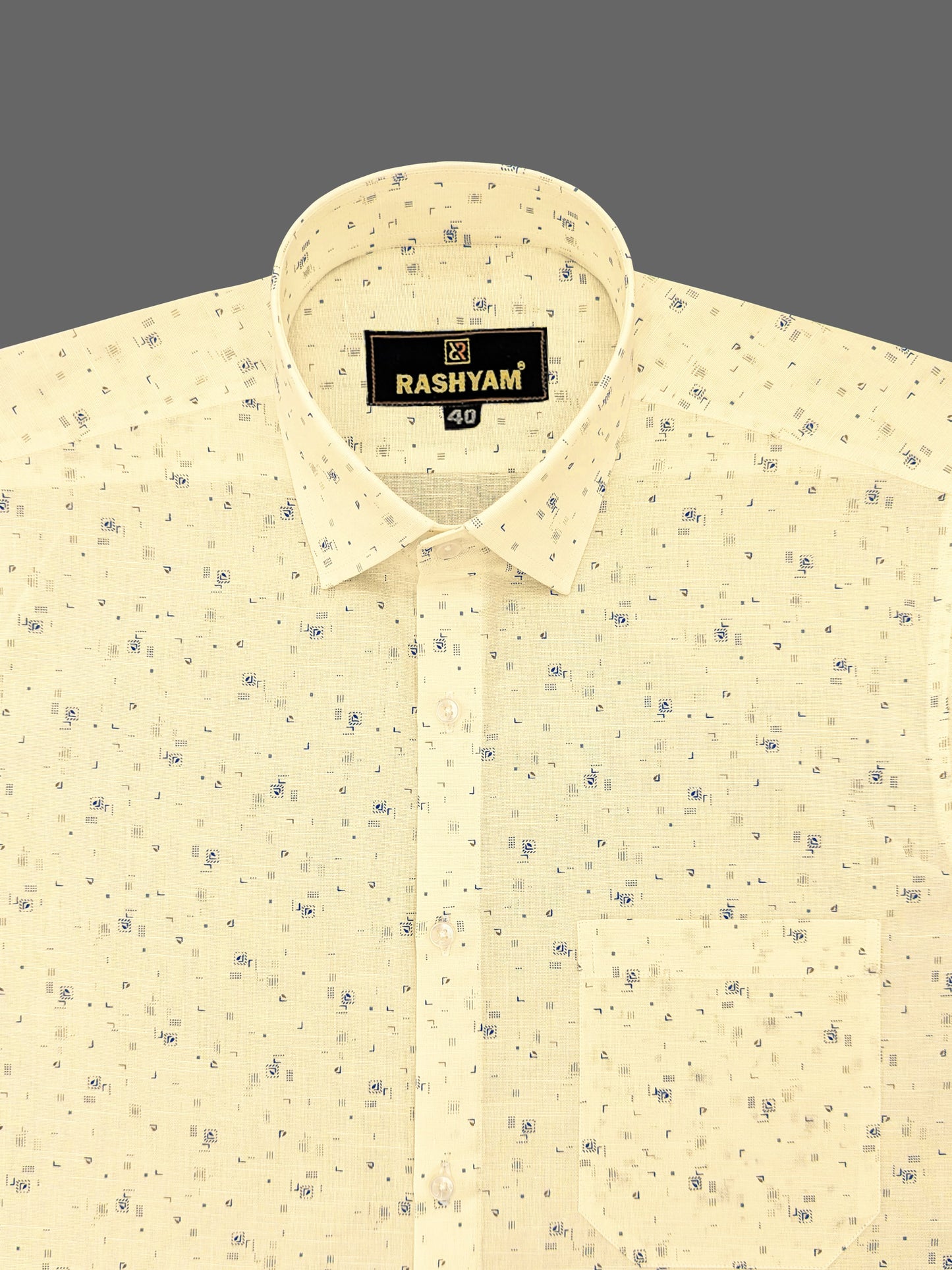 Luxurious Italian Linen Cotton Creamy Yellow With Blue Motif Printed Shirt