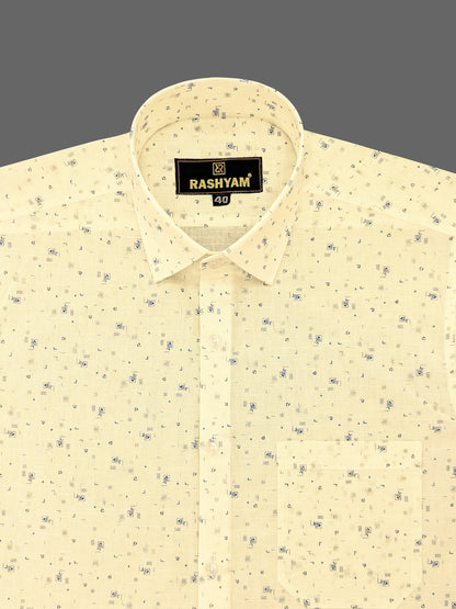 Luxurious Italian Linen Cotton Creamy Yellow With Blue Motif Printed Shirt