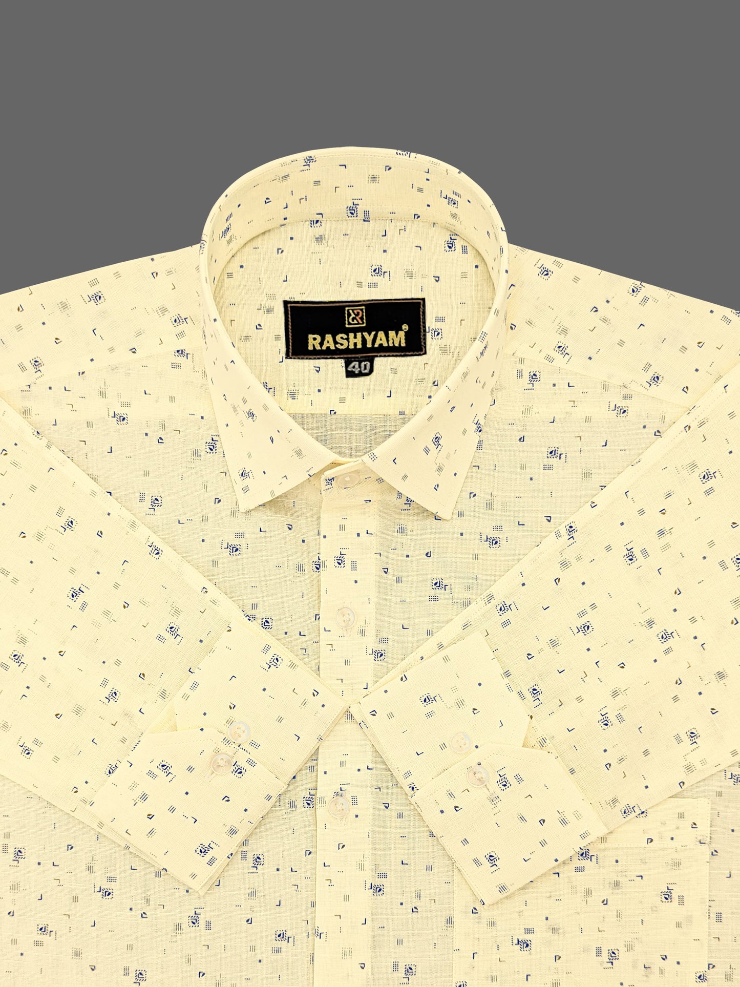 Luxurious Italian Linen Cotton Creamy Yellow With Blue Motif Printed Shirt