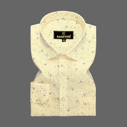 Luxurious Italian Linen Cotton Creamy Yellow With Blue Motif Printed Shirt