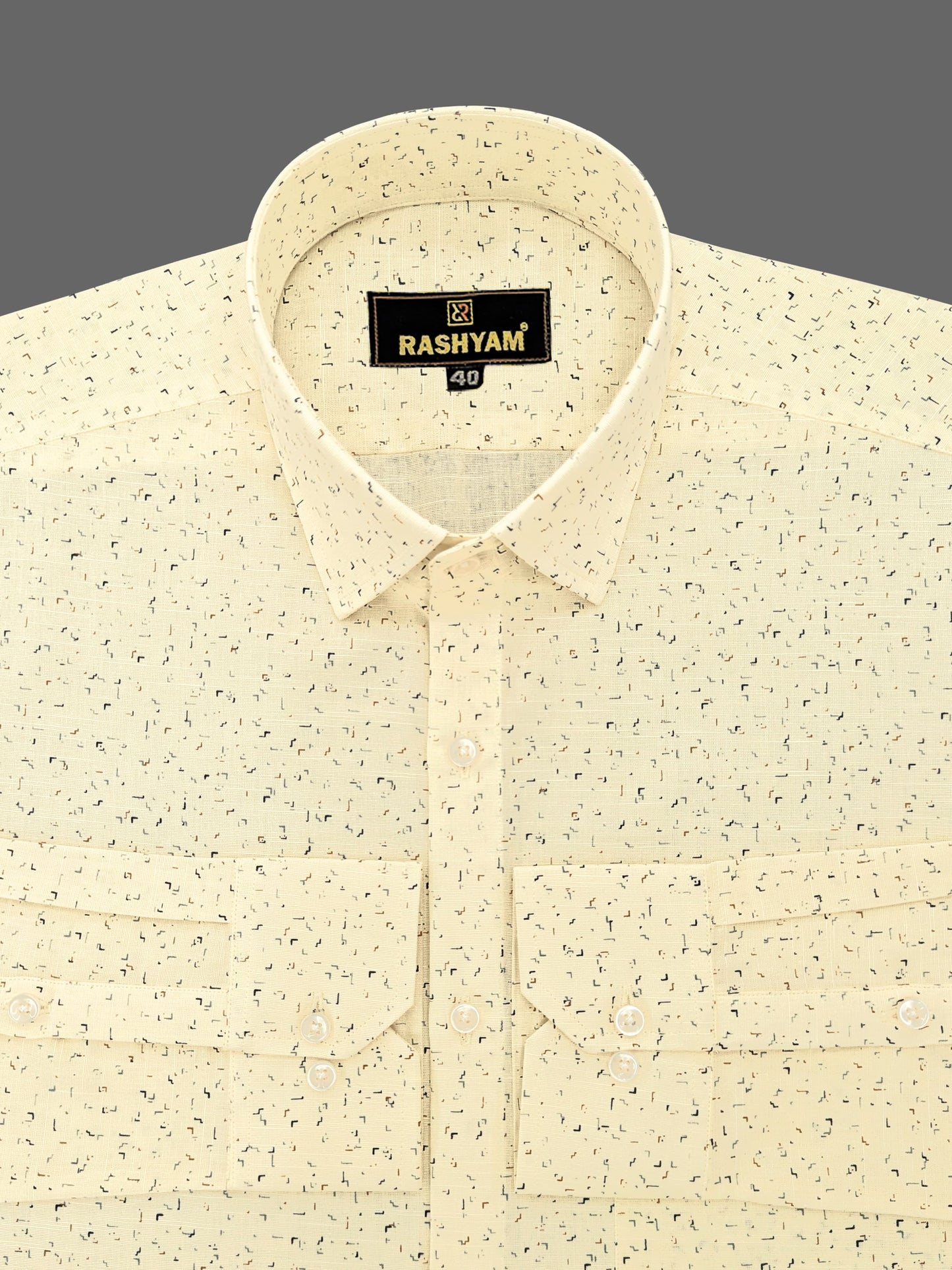 Luxurious Italian Linen Cotton Creamy Yellow WIth Blue Formal Printed Shirt