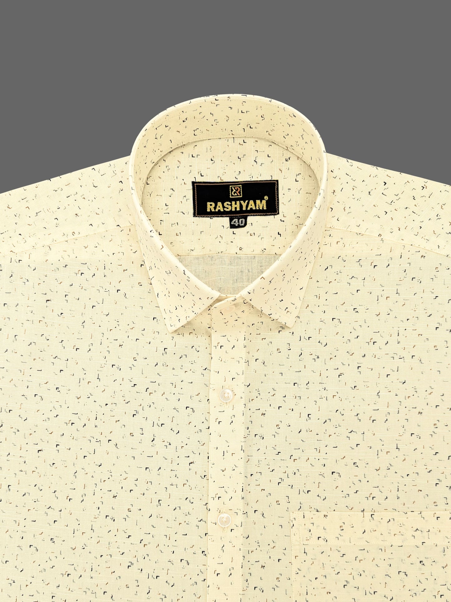 Luxurious Italian Linen Cotton Creamy Yellow WIth Blue Formal Printed Shirt