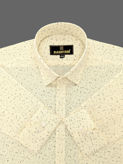 Luxurious Italian Linen Cotton Creamy Yellow WIth Blue Formal Printed Shirt