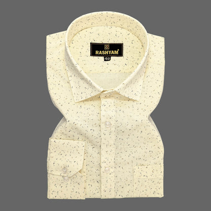 Luxurious Italian Linen Cotton Creamy Yellow WIth Blue Formal Printed Shirt