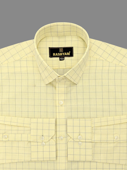 Luxurious Lemon Yellow With Blue Checks Cotton Shirt For Men