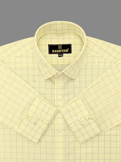 Luxurious Lemon Yellow With Blue Checks Cotton Shirt For Men