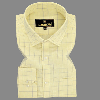 Luxurious Lemon Yellow With Blue Checks Cotton Shirt For Men