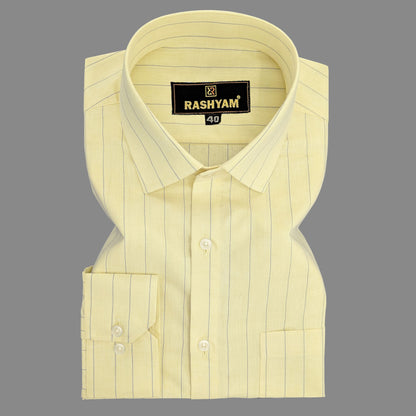 Premium Lemon Yellow With Blue Line Cotton Shirt For Men