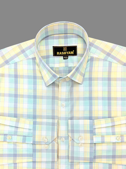 Sevilla Light Yellow With Blue Multi Checks Premium Cotton Shirt For Men