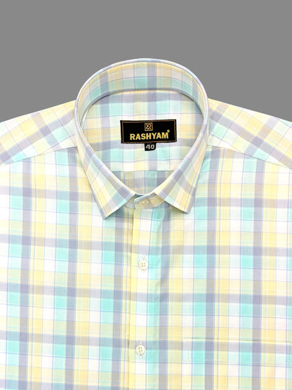 Sevilla Light Yellow With Blue Multi Checks Premium Cotton Shirt For Men