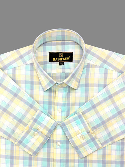 Sevilla Light Yellow With Blue Multi Checks Premium Cotton Shirt For Men