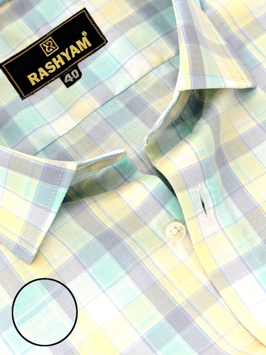 Sevilla Light Yellow With Blue Multi Checks Premium Cotton Shirt For Men