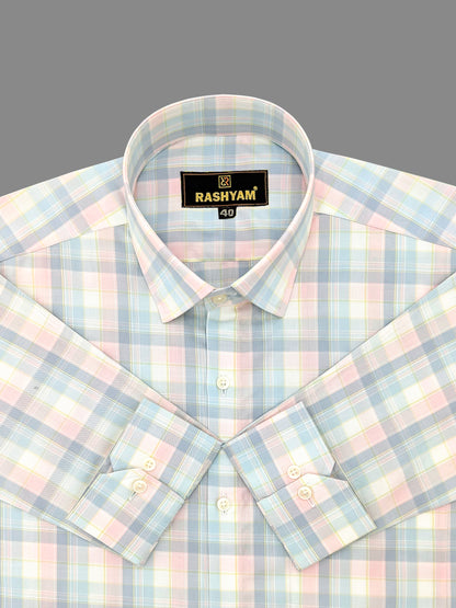 Sevilla Light Pink With Blue Multi Checks Premium Cotton Shirt For Men