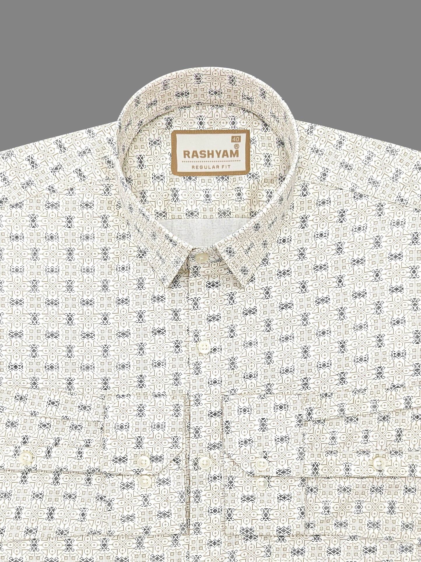 Pacentro Lattice Print On Cream Formal Giza Cotton Shirt