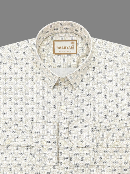 Pacentro Lattice Print On Cream Formal Giza Cotton Shirt