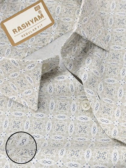 Pacentro Paisley Cream With Blue Printed Giza Cotton Shirt For Men