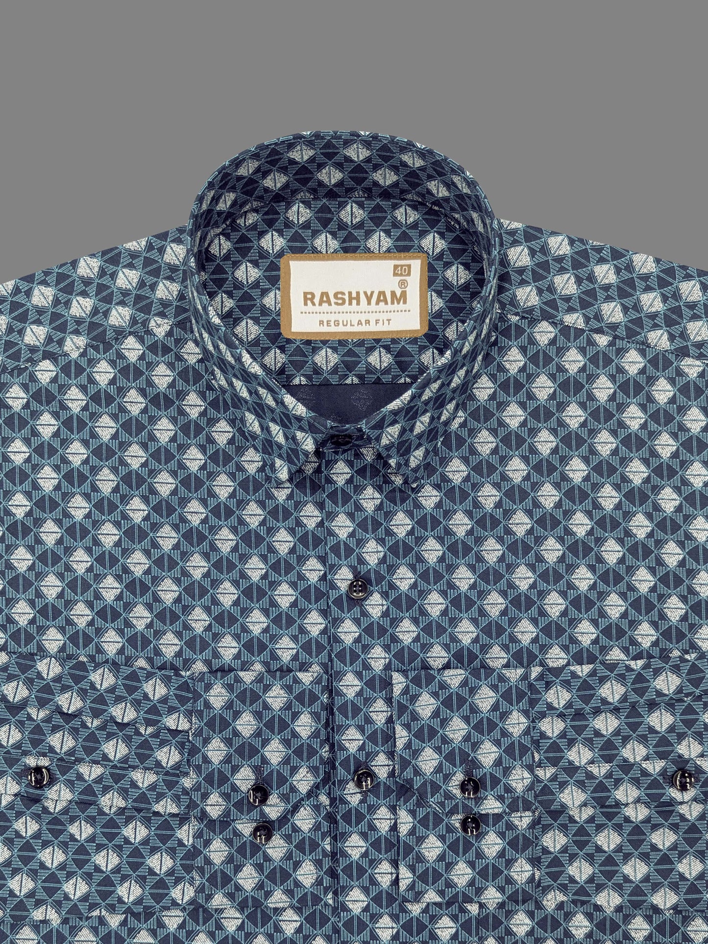 Pacentro Lattice Print On Navy Blue Formal Giza Cotton Shirt