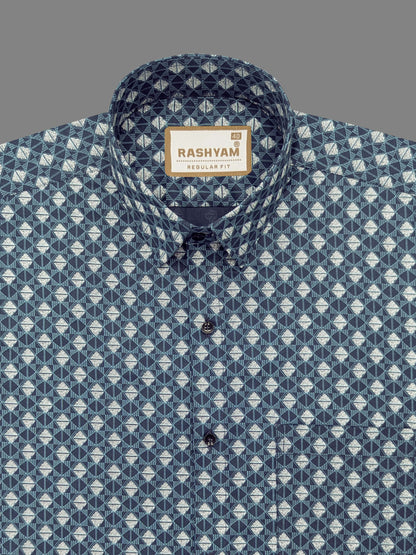 Pacentro Lattice Print On Navy Blue Formal Giza Cotton Shirt