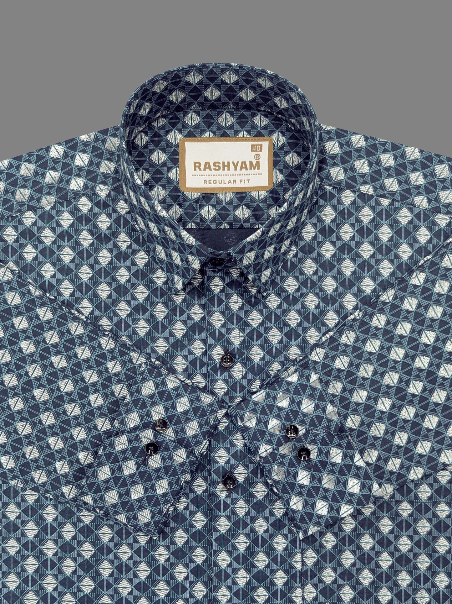 Pacentro Lattice Print On Navy Blue Formal Giza Cotton Shirt