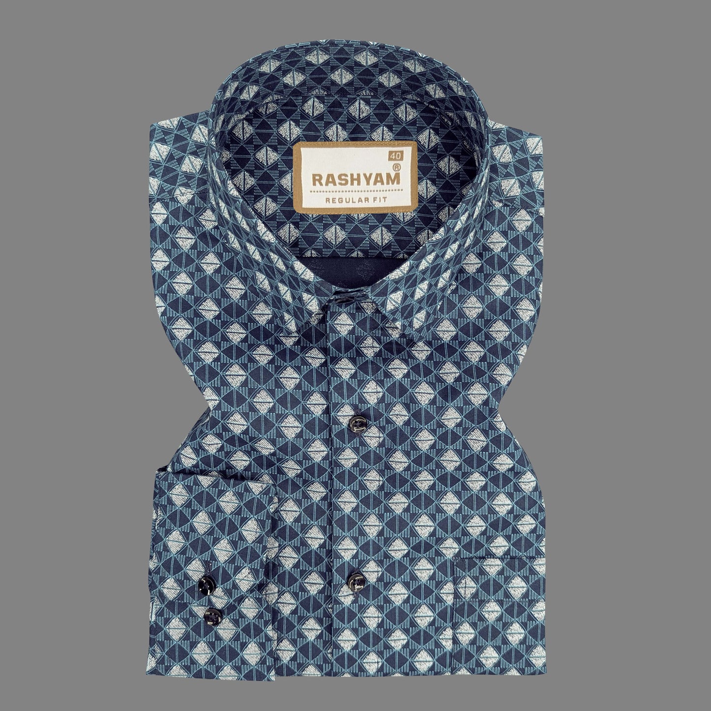 Pacentro Lattice Print On Navy Blue Formal Giza Cotton Shirt