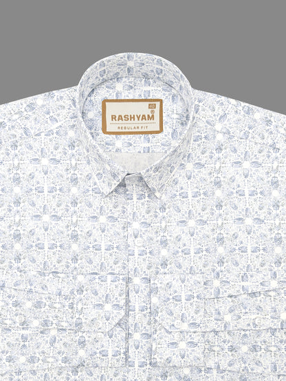 Premium Tealish Blue Leaf Printed Designer Shirt For Men