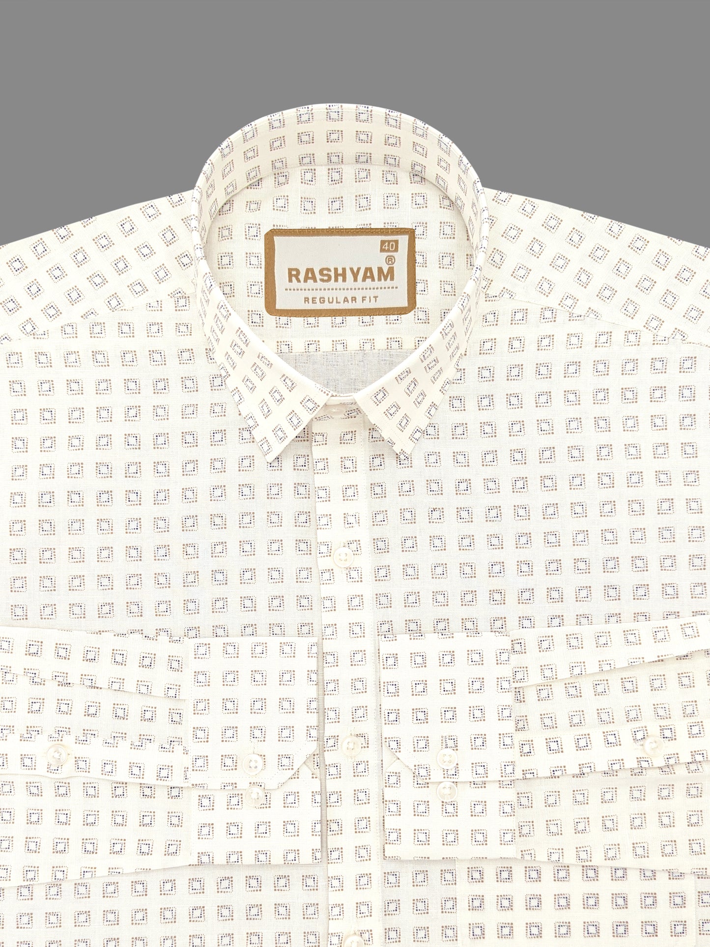 Premium Linen Cotton Blue Box Print On Cream Formal Shirt For Men