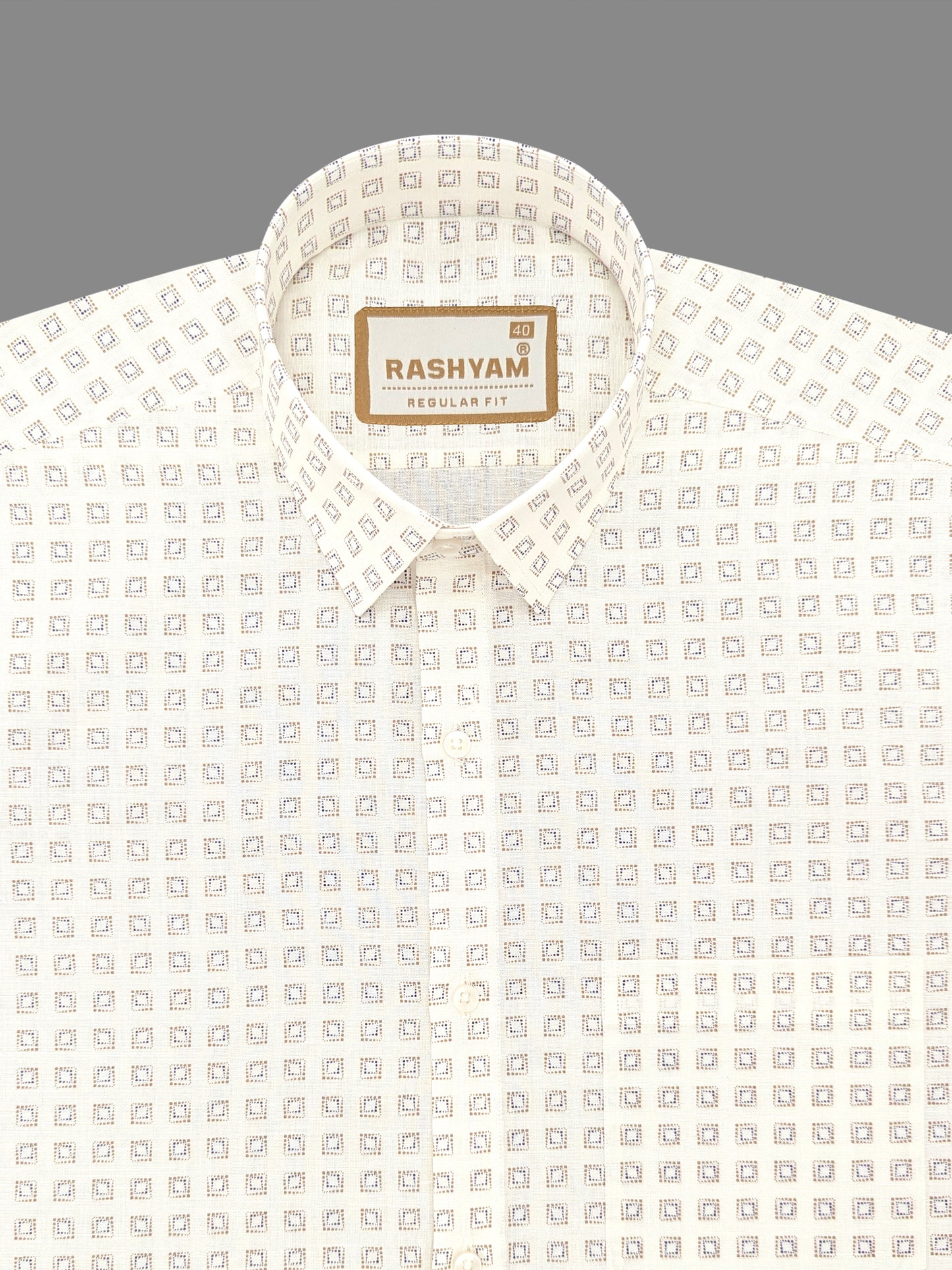 Premium Linen Cotton Blue Box Print On Cream Formal Shirt For Men