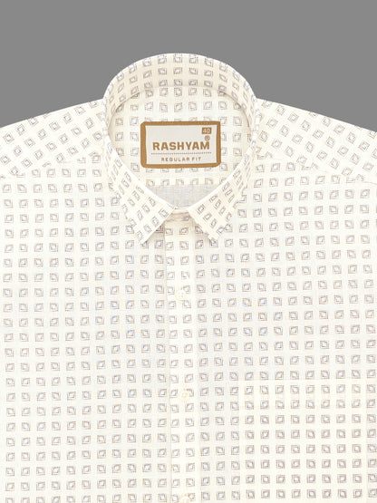 Premium Linen Cotton Blue Box Print On Cream Formal Shirt For Men