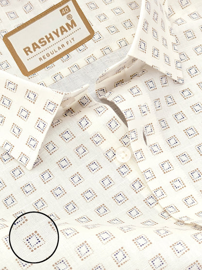 Premium Linen Cotton Blue Box Print On Cream Formal Shirt For Men