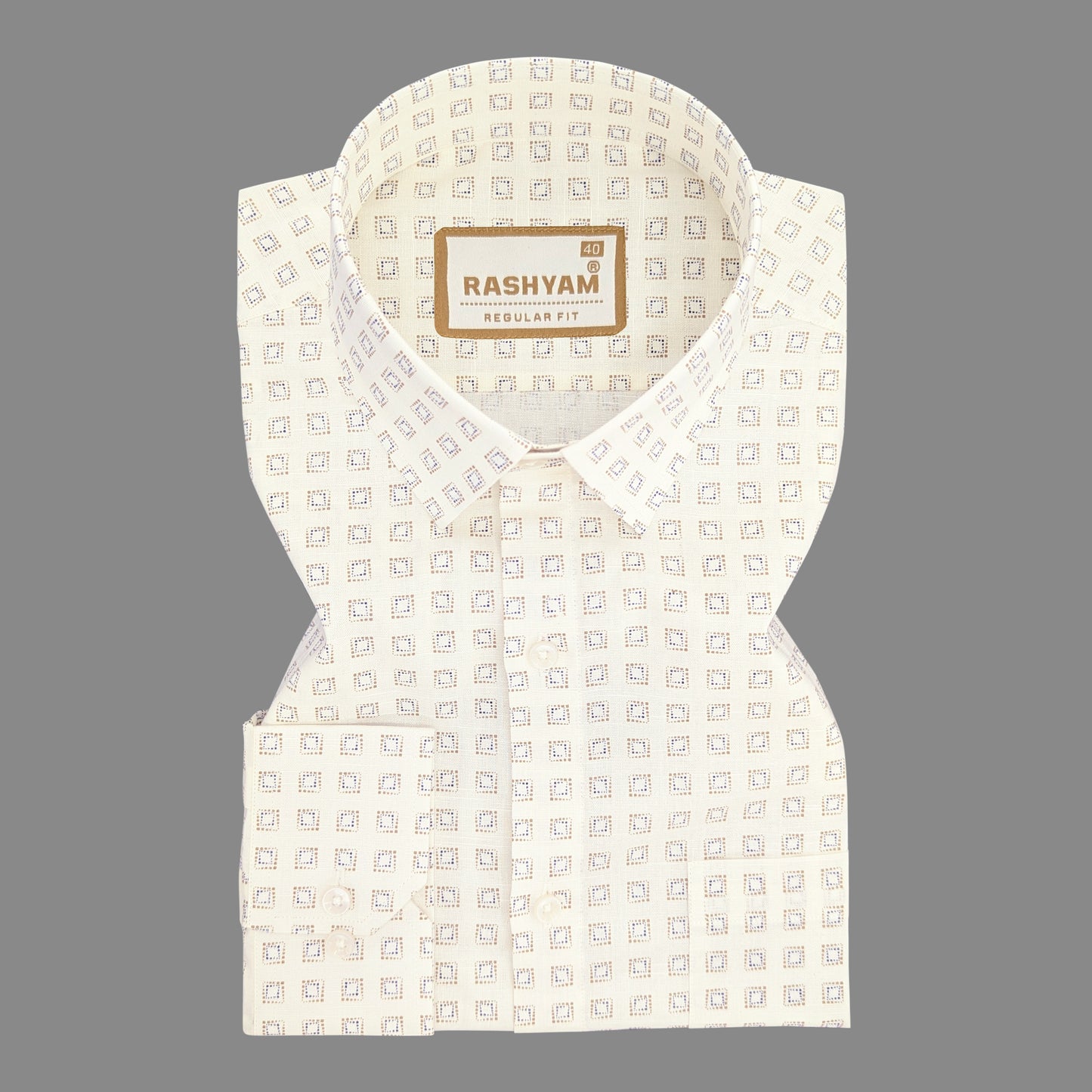 Premium Linen Cotton Blue Box Print On Cream Formal Shirt For Men