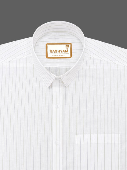 Premium Navy And Green Stripe On White Cotton Formal Shirt For Men