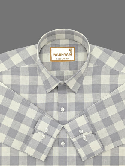 Luxurious Italian Linen Cotton Grey With Cream Checks Formal Shirt