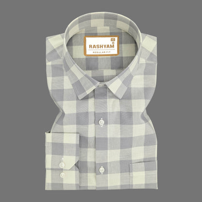 Luxurious Italian Linen Cotton Grey With Cream Checks Formal Shirt